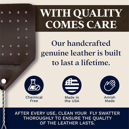 Leather Fly Swatter Set (2 Pack) – 17” Amish-Made Fly Swat w/Real Leather Paddle – Fly Swatters Multi Pack w/Metal Handle – Bug Swatter, Mosquito Swatter, Wasp Swatter (Chocolate)