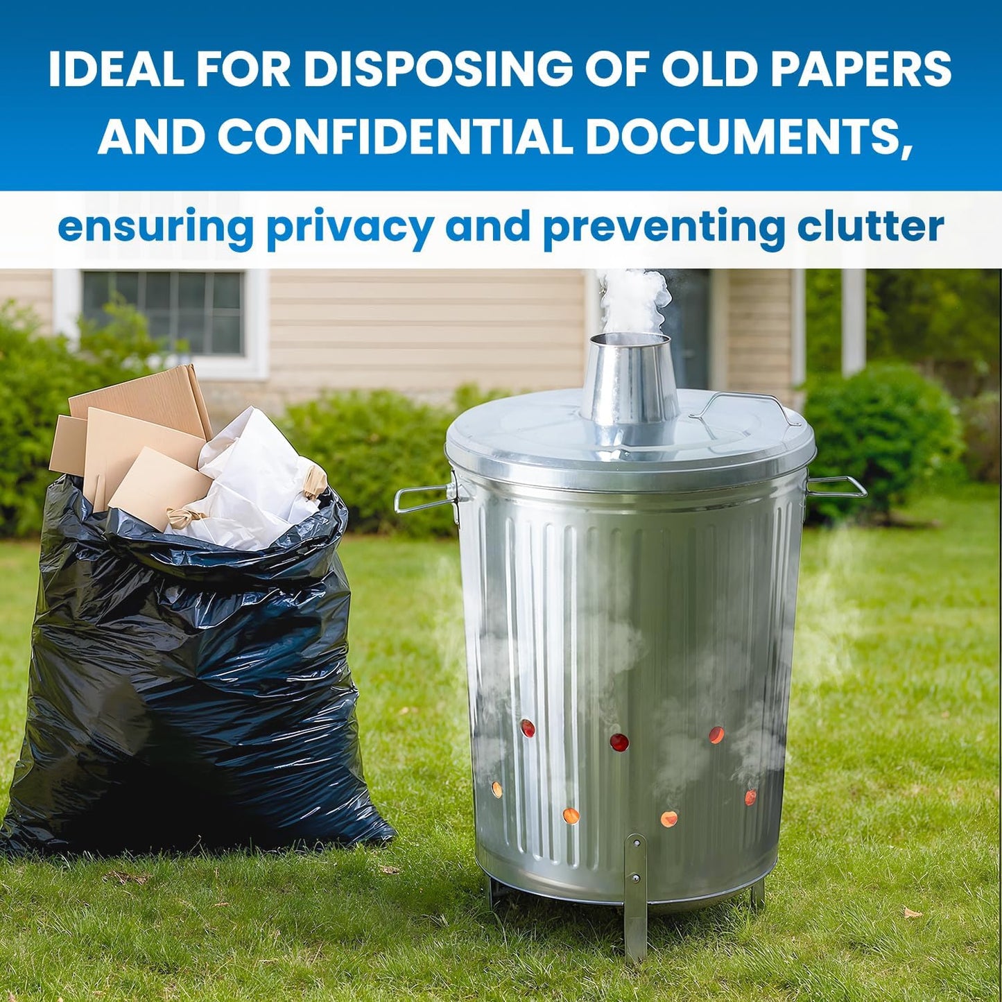 Plexon Metal Compost Bin Outdoor Burn Bin - Galvanized Trash Can with Lid Chimney and Vent Holes - Trash Burning Container Composter Incinerator for Garbage, 20 Gallon (Chimney Lid and Vent Holes)