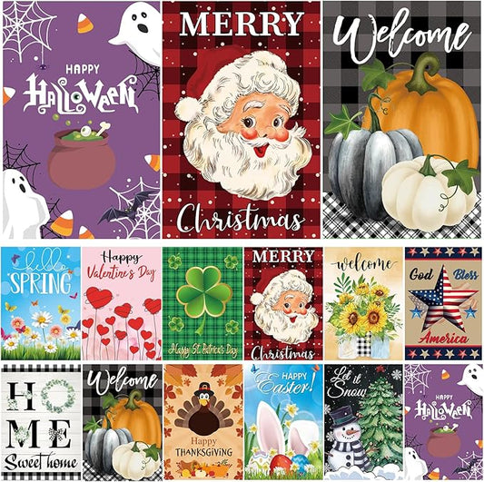 Seasonal Garden Flags set of 12 Double Sided, Yard Flags for Outside 12x18 Inch for Christmas Halloween Easter Valentine's St Patrick's 4th of July Spring Summer Fall Winter, All Seasons Garden Decor