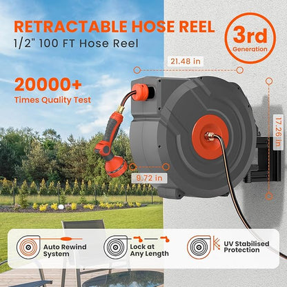 3rd Generation Retractable Garden Hose 100 ft x 1/2 inch Heavy Duty Wall-Mounted Hose Reel 180° Swivel Automatic Slow Return Any Length Lock 9 Pattern Nozzle UV Resistant (Black)