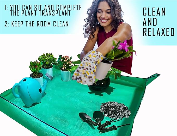 BIUWING Plant Repotting Mat,Waterproof Transplanting Mat,Foldable Indoor Succulent Potting Mat for Garden, Portable Gardening Mat for Indoor Plant Transplanting and Mess Control (39.4"*39.4" Green)