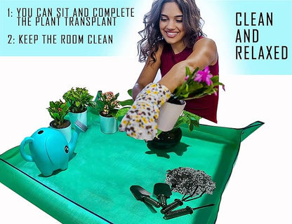 BIUWING Plant Repotting Mat,Waterproof Transplanting Mat,Foldable Indoor Succulent Potting Mat for Garden, Portable Gardening Mat for Indoor Plant Transplanting and Mess Control (39.4"*39.4" Green)