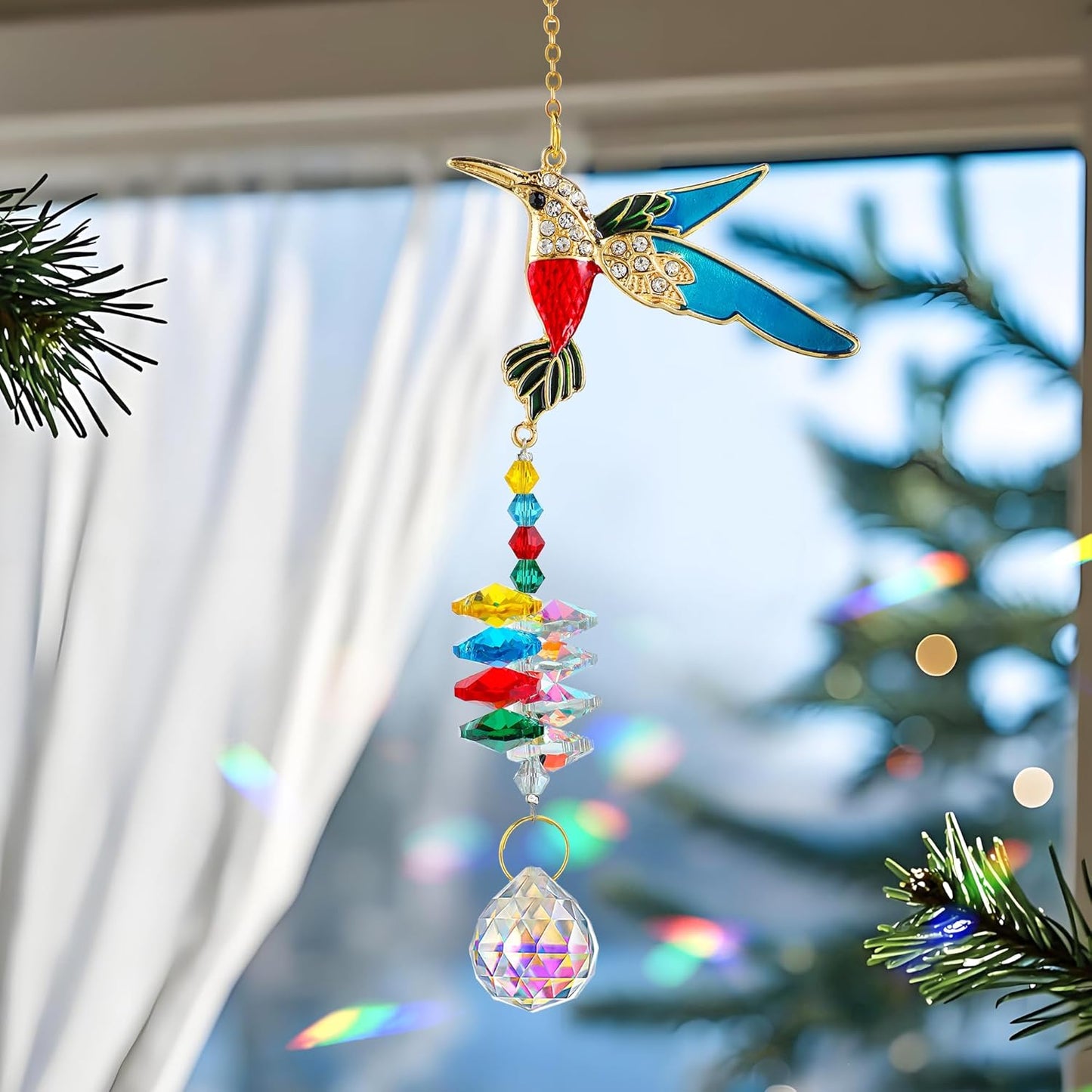 H&D HYALINE & DORA Sparkling Rhinestones Hummingbird Sun Catcher with Crystal Hanging Ornament Rainbow Prisms for Windows Home Garden Party Decor