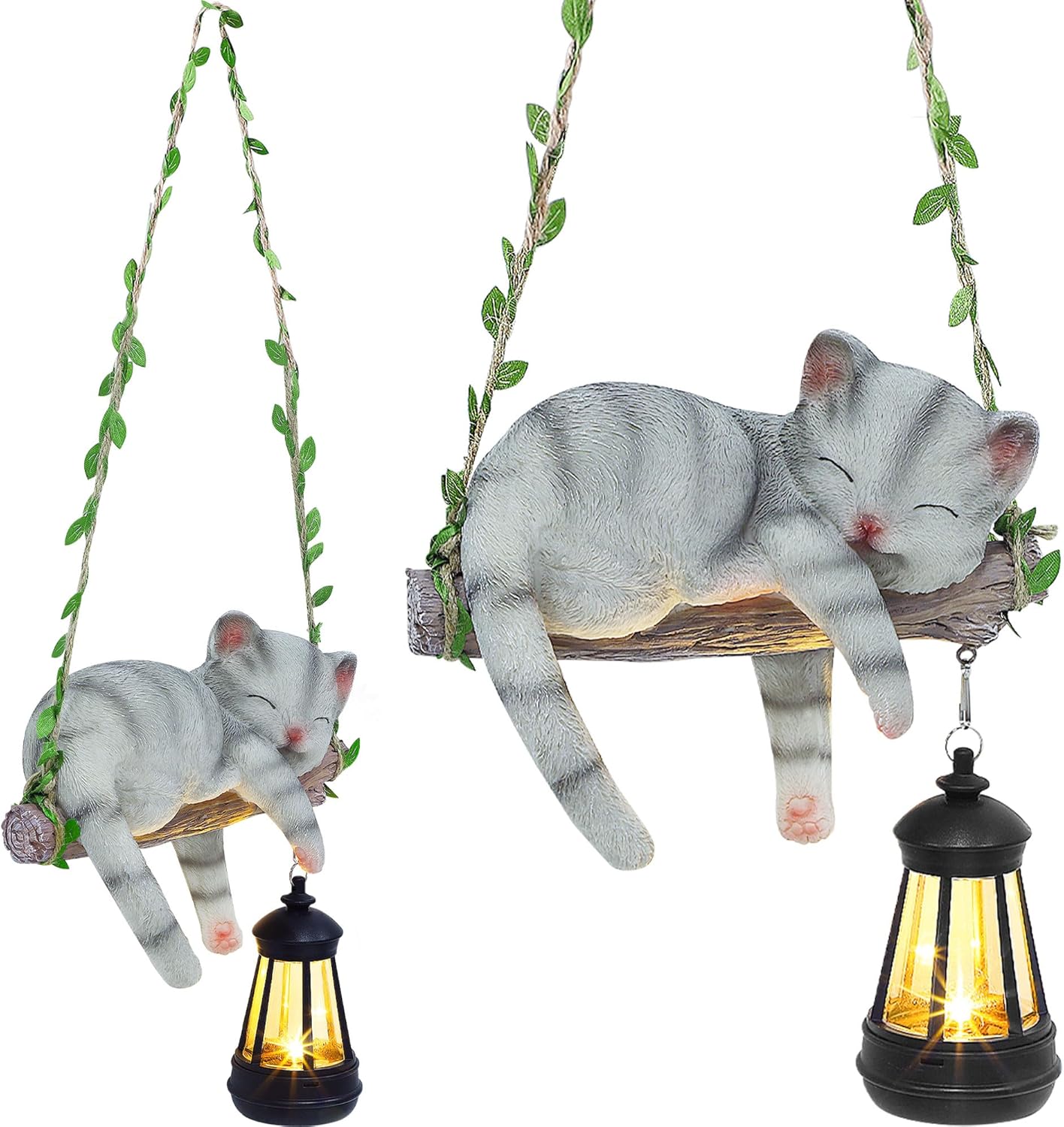 Solar Lighted Garden Outdoor Statue, 22.6" H Hanging Swing Lying with A Sleeping Cat and A LED Lantern, Resin Animal Figurine Hanging Ornaments with Hook for Decoration & Gift