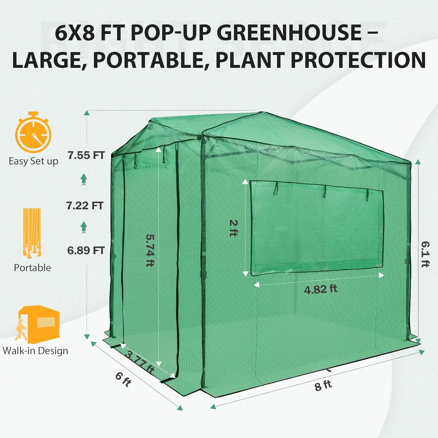 EAGLE PEAK Instant Pop-up Greenhouse, Indoor Outdoor Plant Gardening Green House, Roll-Up Zipper Doors and Side Windows, Walk in 8x6 ft, PE Cover, Green/Clear