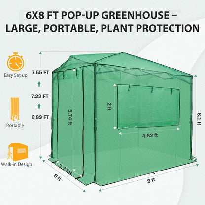 EAGLE PEAK Instant Pop-up Greenhouse, Indoor Outdoor Plant Gardening Green House, Roll-Up Zipper Doors and Side Windows, Walk in 8x6 ft, PE Cover, Green/Clear