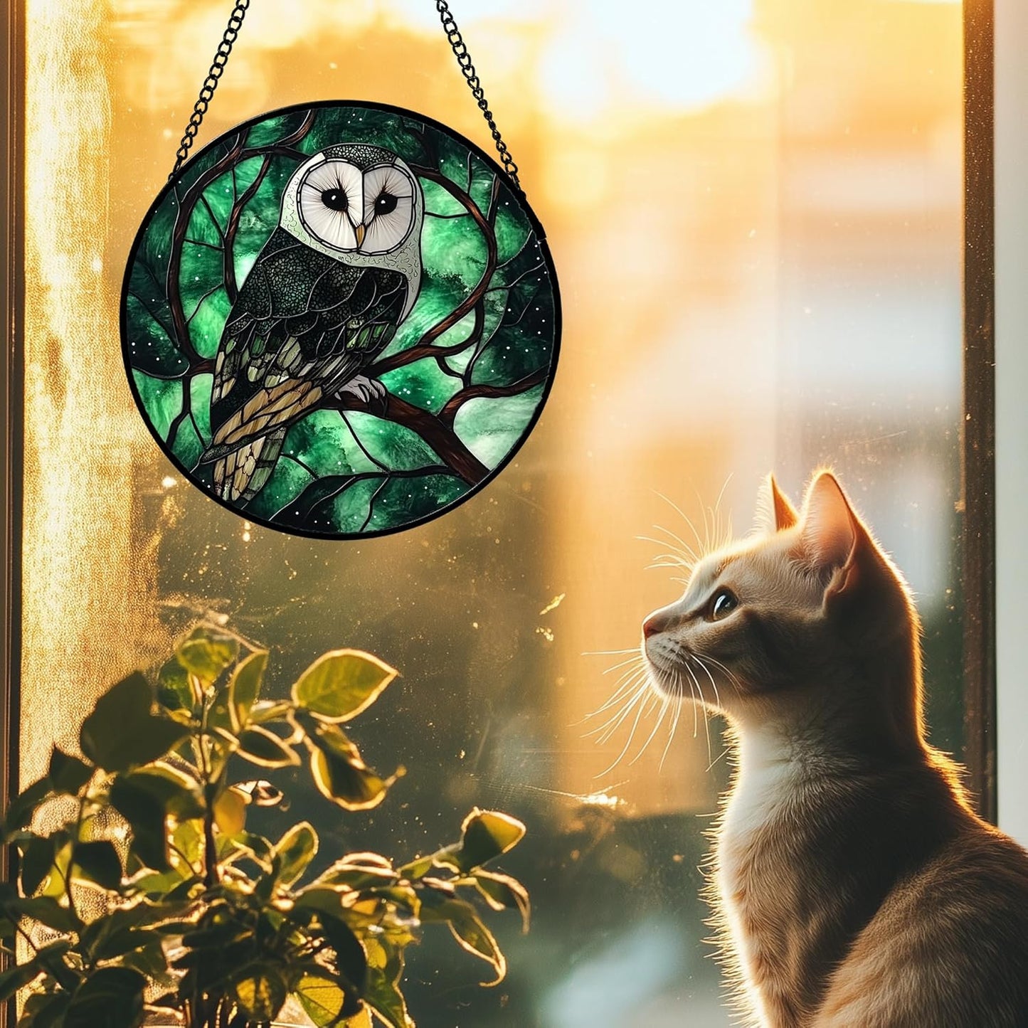 Stained Glass Window Hanging 4 Pcs Set Green Forest Night Sky Wildlife 9.8" - Suncatcher Door Garden Sun Catcher Decor Birthday for Mom Woman Nana Men Friend