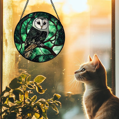 Stained Glass Window Hanging 4 Pcs Set Green Forest Night Sky Wildlife Large 15" - Suncatcher Door Garden Sun Catcher Decor Birthday for Mom Woman Nana Men Friend