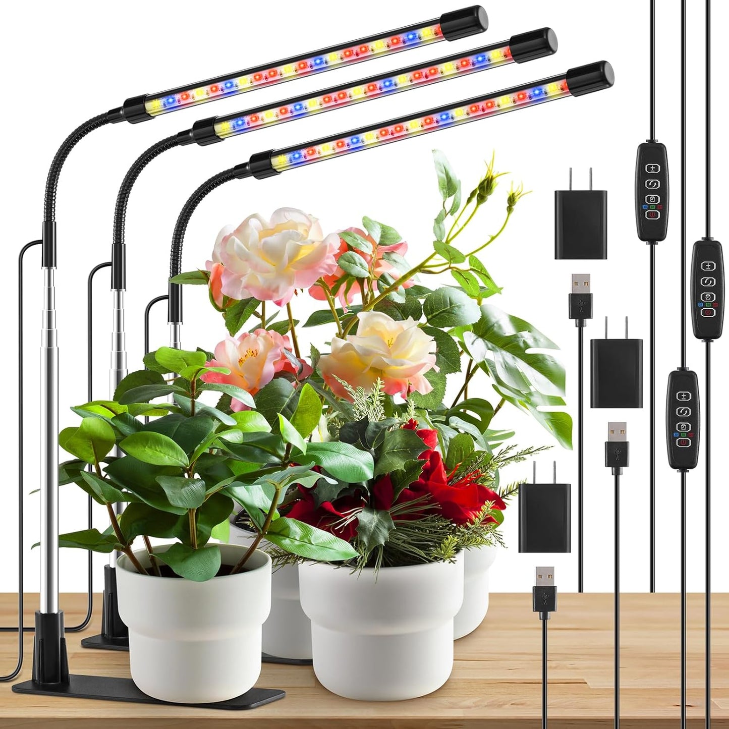Grow Lights for Indoor Plants, Full Spectrum LED Plant Lights with Base, Adjustable Height 6.5"-26", 10 Dimmable Levels, Auto Timer 3/9/12H, Desk Grow Lamps for Indoor Growing (3 Pack)