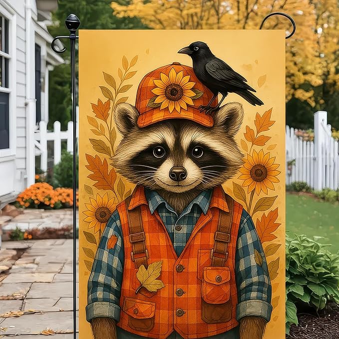 Thanksgiving Fall Garden Flag 12x18 Inch Welcome Raccoon Outdoor Flag Double Sided Autumn Yard Banner with Sunflower Hat and Bird for Porch Lawn Patio Seasonal Decor