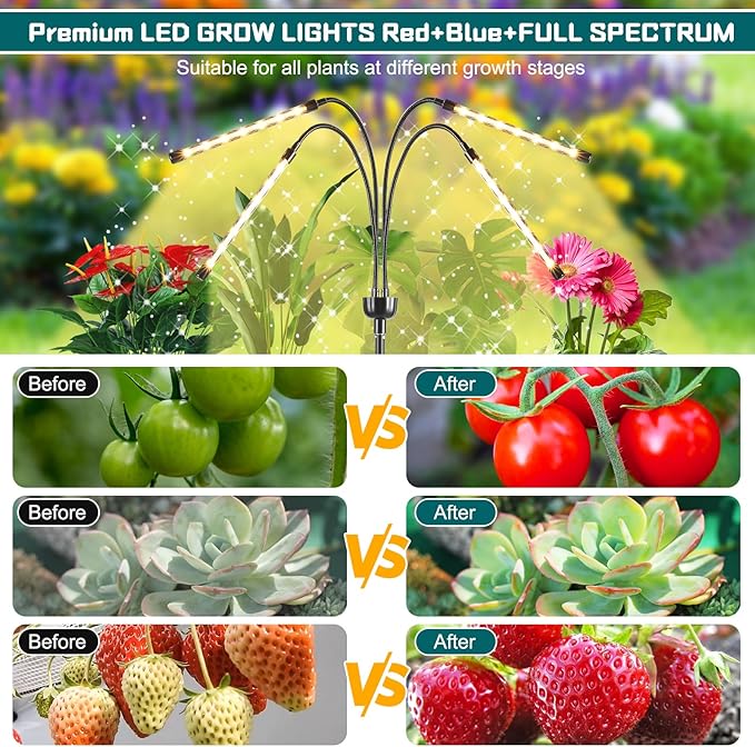 Grow Lights for Indoor Plants Yellow Light with 15-63 inches Adjustable Tripod Stand Plant Light with 4/8/12H Timer with Remote Control