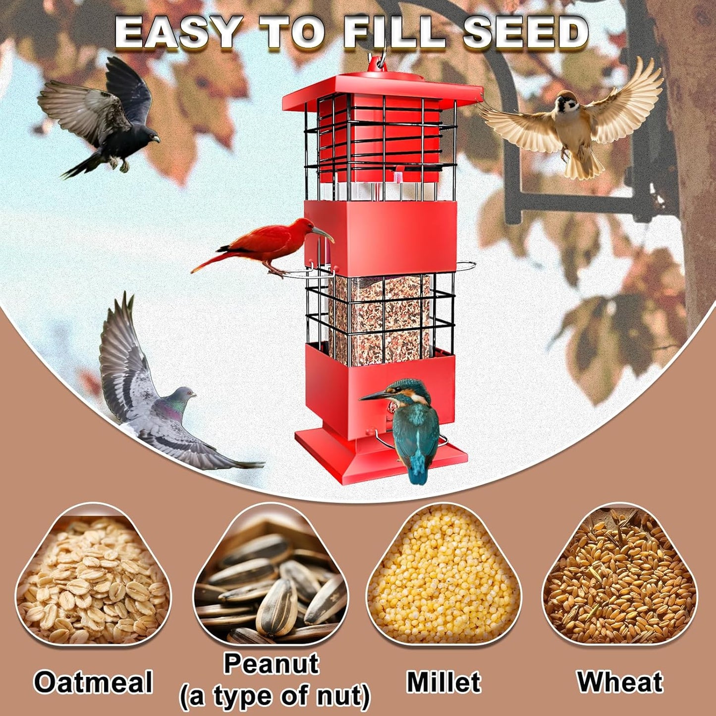 Squirrel Proof Bird Feeders for Outdoors Hanging, Metal Tube Bird Feeder w/4 Feeding Ports, Gravity Protection Wild Bird Feeders for Outside Backyard, Cardinal, Sparrow, Finch (3.5LB, Red)