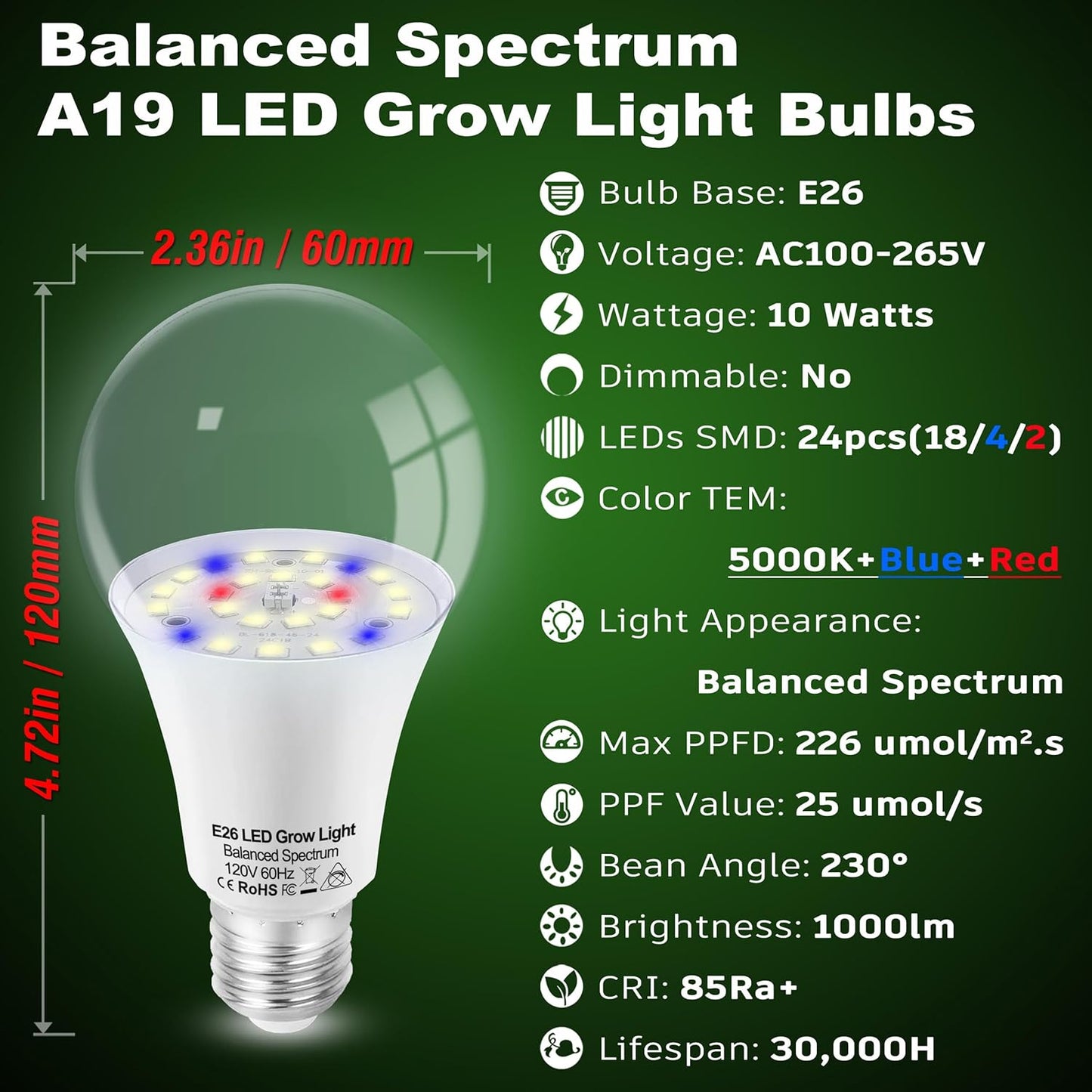 Full Spectrum Plant Grow Light Bulbs E26 A19 10W,Plant Growing Lamp Bulbs with Balanced Spectrum 5000K White Blue Red Yellow for Indoor Seeds Greens Laboratory Greenhouse Garden Hydroponic,2Pcs