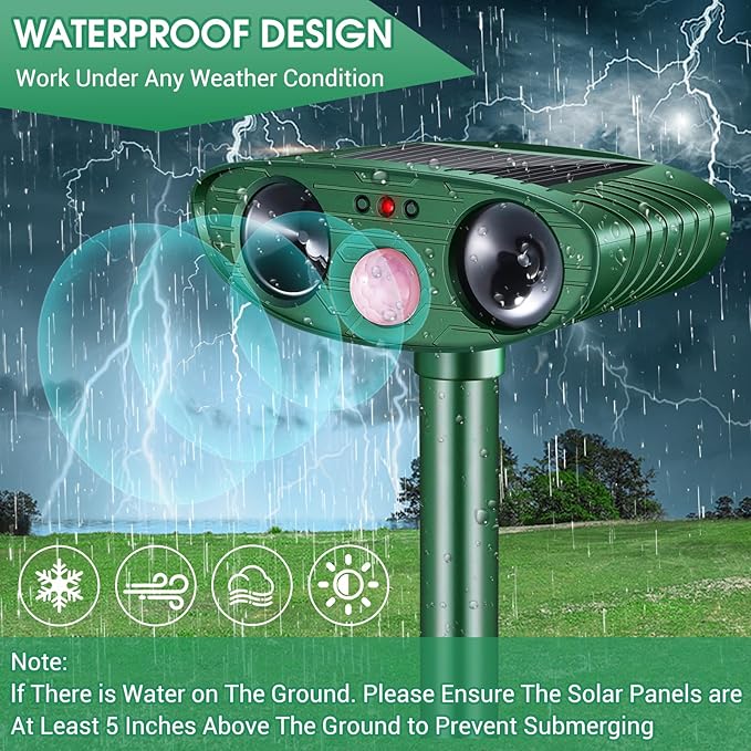 2 Pack Solar Animal Repeller Outdoor, Cat Deterrent with Ultrasonic & Flashing LED - Night Time Motion Activated Pest Control for Garden Yard to Repel Cats, Raccoons, Deer, Skunks, Squirrels