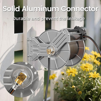 Giraffe Tools Stainless Steel Garden Hose Reel with 5/8" x 100 ft Heavy Duty Hose, Wall/Floor Mounted Metal Water Hose Reel with Crank Handle