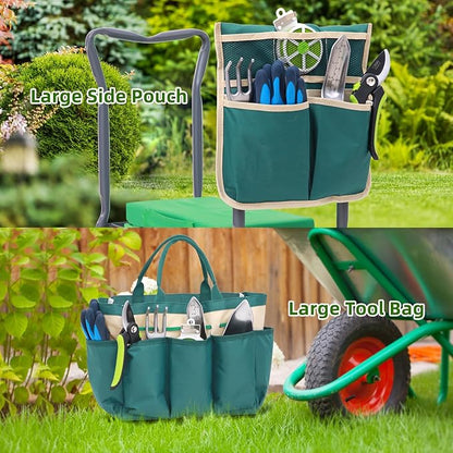 Ohuhu Garden Kneeler and Seat: Upgraded Widened Gardening Stool with Detachable Soft Kneeling Pad, Foldable Garden Bench Heavy Duty with Large Tools Bag and Pouch, Gifts for Women Men Seniors Gardener