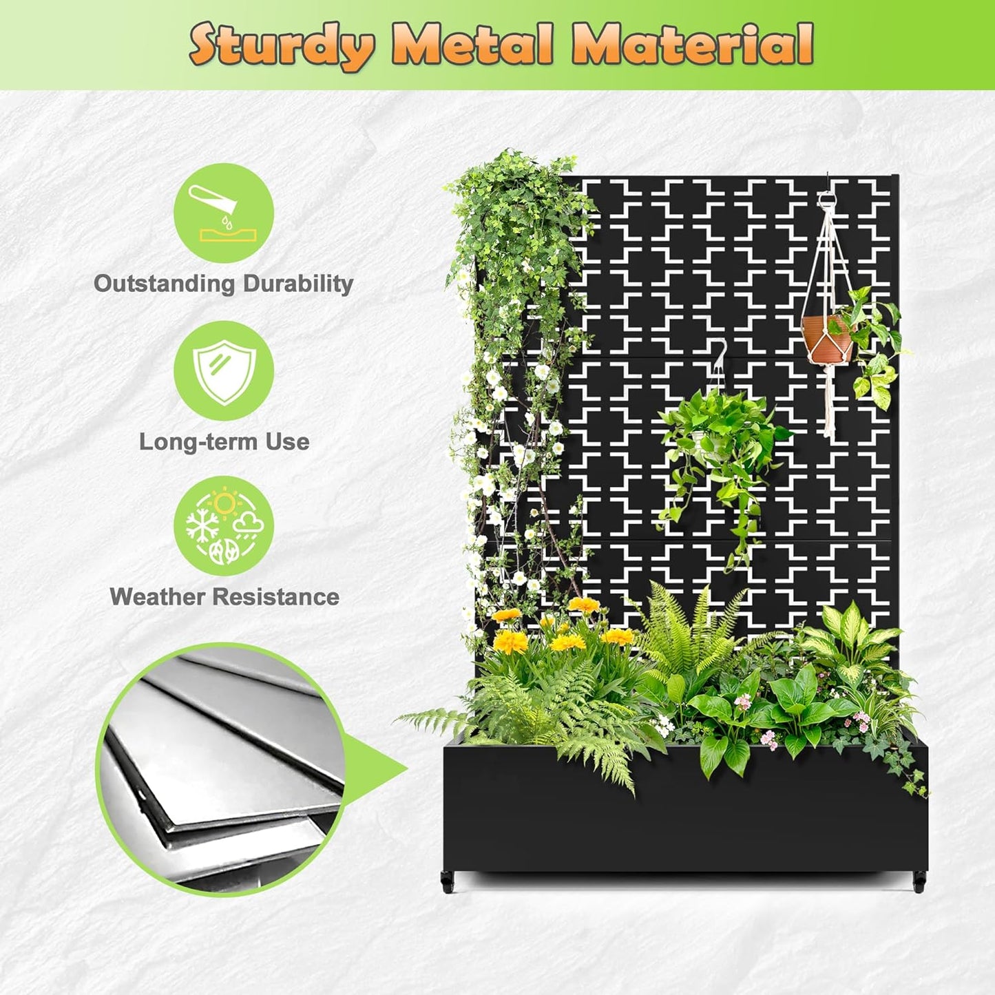 Metal Raised Garden Bed with Trellis, 2-in-1 Planter Box & Privacy Screen for Climbing Plants, Outdoor Standing Flower Bed with Drainage Holes, 47.2" L x 16.7" W x 70.8" H, Black-Square