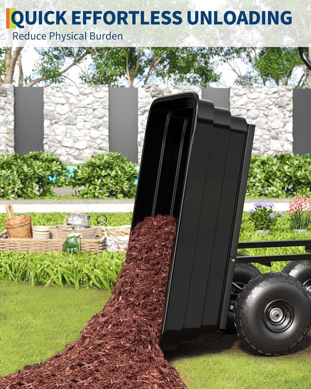 GarveeLife Poly Dump Cart - Heavy Duty 600 LBS Garden Cart with Quick-Release Dumping 10 in Tires, Utility Wagon for Yard Work, Landscaping, Gardening