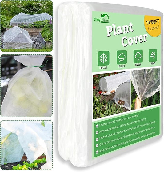 SnugNiture Plant Covers Freeze Protection, 10ft x 50ft 1.1oz/yd² Frost Cloth for Outdoor Plants, Floating Row Cover Frost Blanket for Winter Garden Vegetables Protection