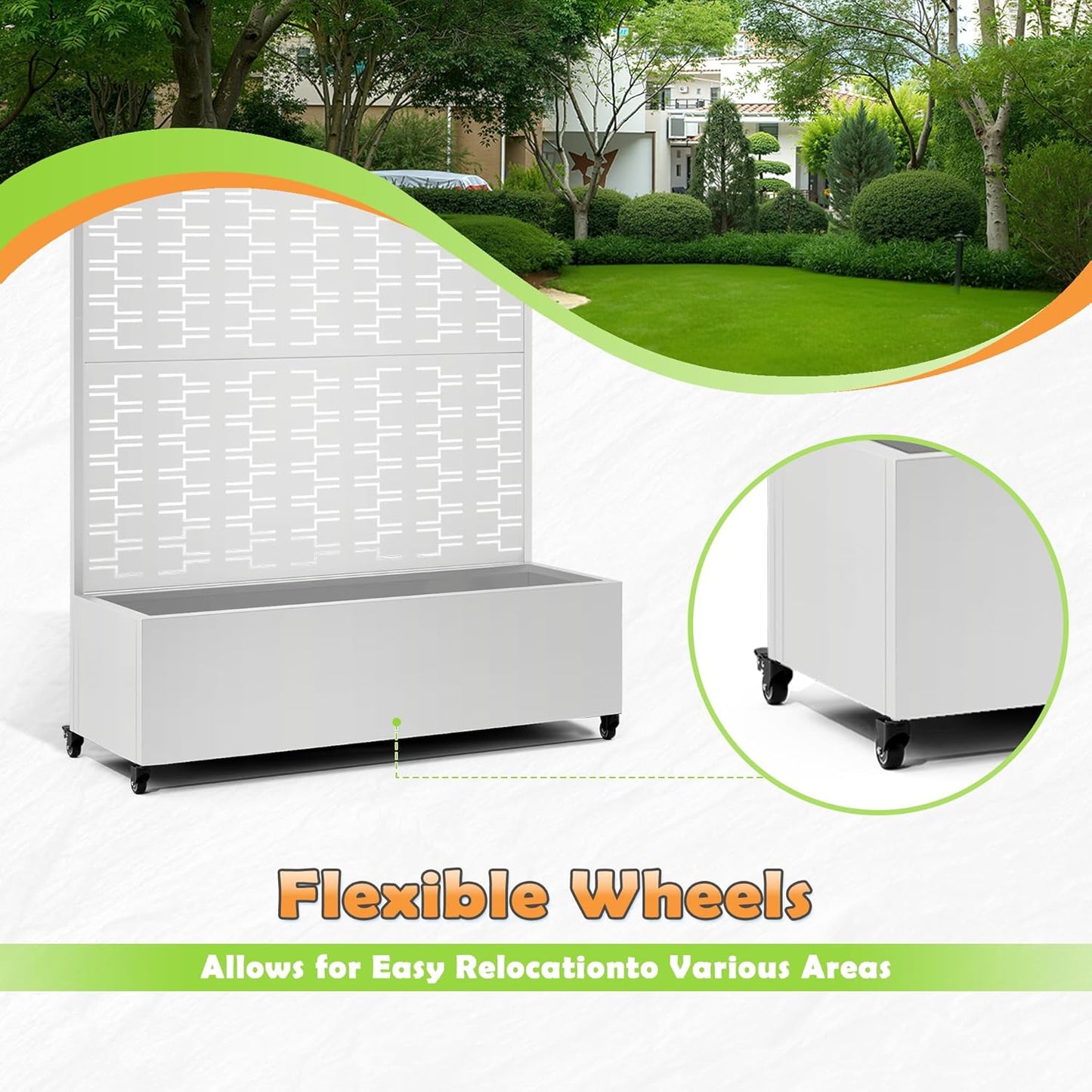 Metal Raised Garden Bed with Trellis, 2-in-1 Planter Box & Privacy Screen for Climbing Plants, Outdoor Standing Flower Bed with Drainage Holes, 47.2" L x 16.7" W x 70.8" H, White-Brick