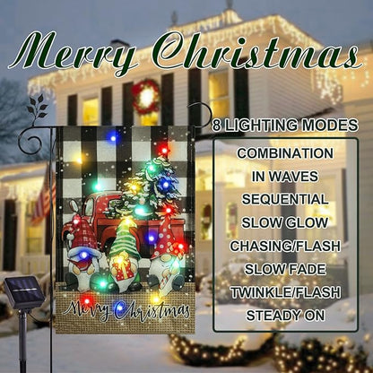 Merry Christmas Garden Flag Outdoor Decorations, Led Red Truck with Three Gnomes Yard Flag, 12x18 Double Sided Solar Lighted Winter Christmas Decor (Three Dwarves)