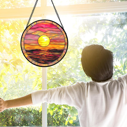 Stained Glass Window Hanging, Sunrise Sea Surface Sun Catchers Diamond Glass Panel Hangings Abstract Suncatcher Decor for Birthday for Women, Men, Wife, Aunt, and Mom 7.8 in