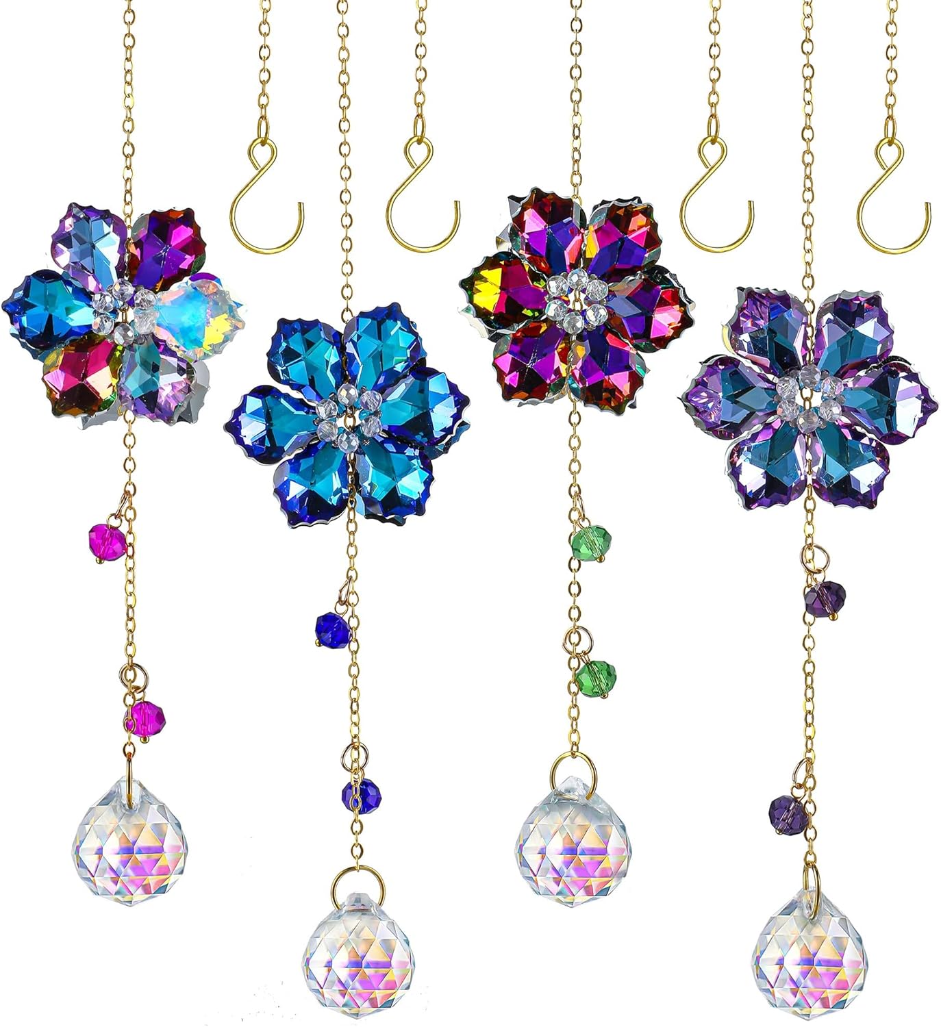HDCRYSTALGIFTS 4pcs Crystal Flower Suncatchers for Window Hanging Ornaments, Rainbow Maker Crystal Sun Catchers Indoor Window Outdoor Patio Garden Decor Gifts (Multicolor)