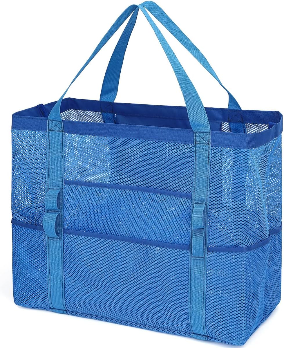 Mesh Beach Bag, Large Beach Tote with Zipper Pocket for Family Pool Bag for Toys & Vacation Essentials