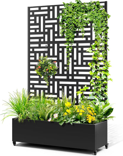Metal Raised Garden Bed with Trellis, 2-in-1 Planter Box & Privacy Screen for Climbing Plants, Outdoor Standing Flower Bed with Drainage Holes, 47.2" L x 16.7" W x 70.8" H, Black-Helen