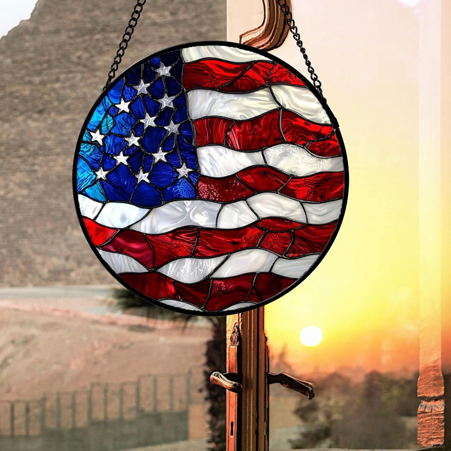 Stained Glass Window Hanging, Blue, White Red National Flag Pattern Sun Catchers Diamond Glass Panel Window Hangings Decor for Birthday Gifts for Women, Men, and Mom 14.9x14.9IN