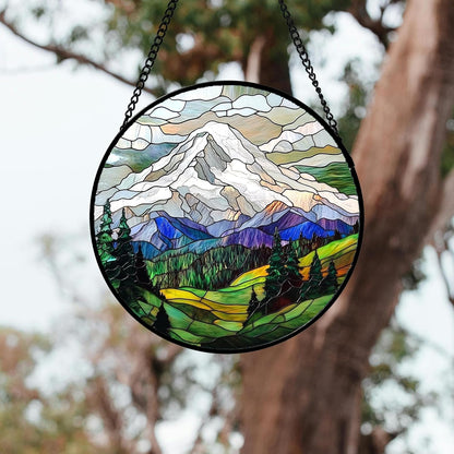 Stained Glass Window Hanging 4 Pcs Set Mountains Lake Green White Landscape 6.3" - Suncatcher Door Garden Sun Catcher Decor Birthday Christmas for Mom Woman Nana Men