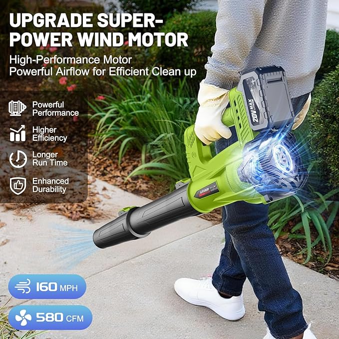 Leaf Blower Cordless with 2 x 4.0 Ah Battery and Charger, 160MPH/580CFM High Power Lightweight Handheld Electric Leaf Blowers with 2 Extended Tubes for Lawn, Yard, Leaves, Dust, Snow Care (Green)