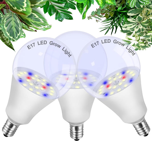 ALIDE E17 Intermediate Base Plant Grow Light Bulbs for Indoor Plants, E17 Full Spectrum Sun Grow LED Lamp 10W with Balanced Spectrum 5000K Red Blue Yellow for Seeds Greens Laboratory,Greenhouse,3Pack