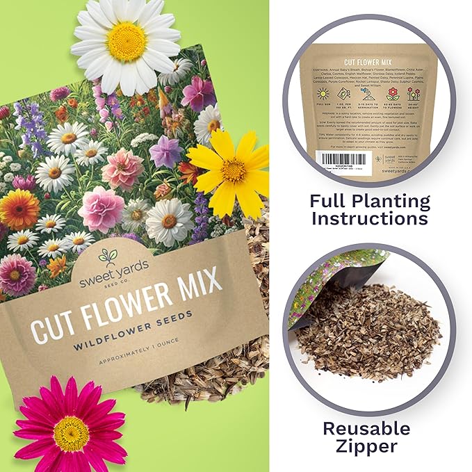 Cut Flower Garden Seeds - Extra Large 1 Ounce Packet - Over 7,500 Fresh Open Pollinated Non-GMO Wildflower Seeds - Long Lasting Annuals and Perennials with Bright Colors