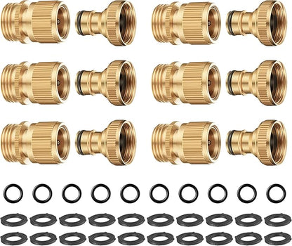 Heavy Duty Solid Brass Garden Hose Quick Connect Fittings, 6 Pack 3/4" With 20 Extra Washers, Male and Female Connectors