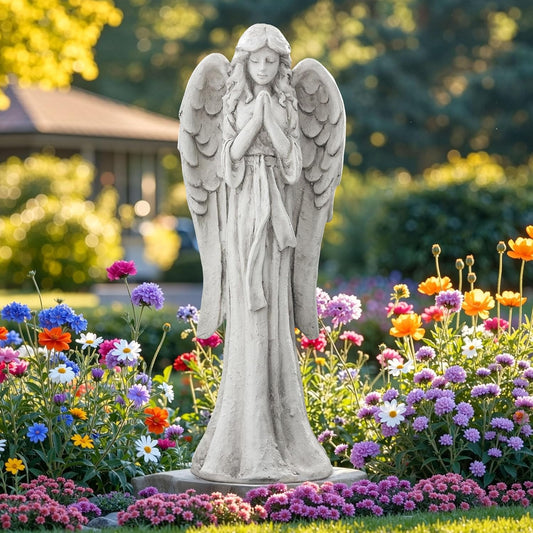 Praying Angel Statue for Outdoor Garden, 31 Inch Large Heavenly Memorial Sculpture,Durable Magnesium Oxide Stone for Yard, Patio or Cemetery Decor,Offering Comfort & Peace, Antique White