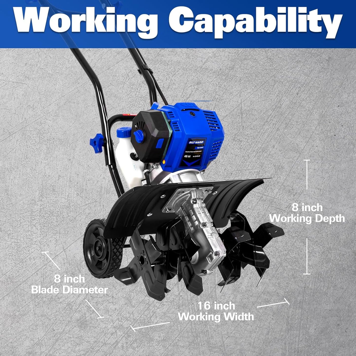 BILT HARD 46cc 4-Cycle 1.9HP Gas Powered Tiller Cultivator - 16" Heavy-Duty Steel Tines Rototiller, Adjustable Wheels & Cushioned Handle Grips for Plowing, Tilling, Weeding in Garden, Farm