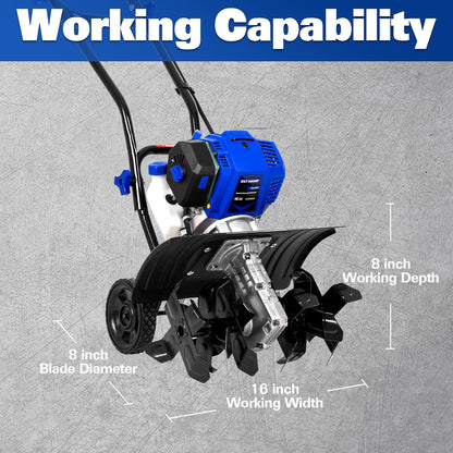 BILT HARD 46cc 4-Cycle 1.9HP Gas Powered Tiller Cultivator - 16" Heavy-Duty Steel Tines Rototiller, Adjustable Wheels & Cushioned Handle Grips for Plowing, Tilling, Weeding in Garden, Farm