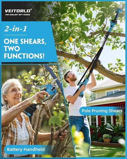 VEITORLD 2-IN-1 Cordless Electric Pole Pruning Shears, 15ft Reach, 1.2" Cutting Diameter, Battery Powered with 2 * 2.0Ah, Brushless Motor for Garden Tree Trimming, Gifts for Men Dad Him Christmas