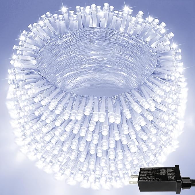 Extra-Long String Lights Outdoor Indoor, 300 LED Super Bright Christmas Lights Clear Wire, Waterproof 8 Modes Plug in Twinkle Fairy Light for Bedroom Party Wedding Garden Christmas (Cool White)