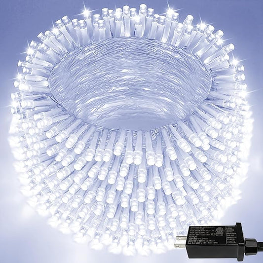 Extra-Long String Lights Outdoor Indoor, 300 LED Super Bright Christmas Lights Clear Wire, Waterproof 8 Modes Plug in Twinkle Fairy Light for Bedroom Party Wedding Garden Christmas (Cool White)