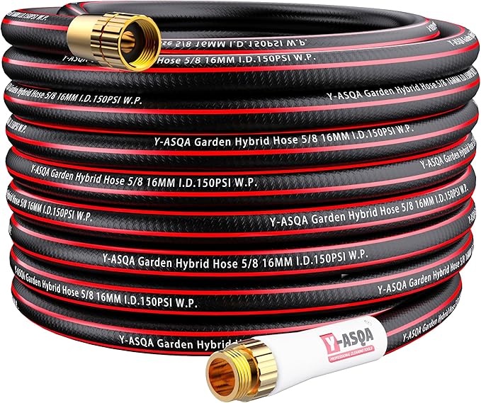 YASQA Water Hose 50 Ft, Flexible, Leakproof, Lightweight Lead In Rubber Hose 5/8" Diameter X 50ft Kink Free 150PSI Durable High Burst Strength Industrial Garden Hose
