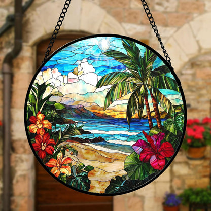 Stained Glass Window Hanging, Blue Beach Scenery Suncatcher Diamond Glass Panel Hangings Sun Catchers Decor for Birthday for Women, Men, Wife, Aunt, and Mom 6.3 in