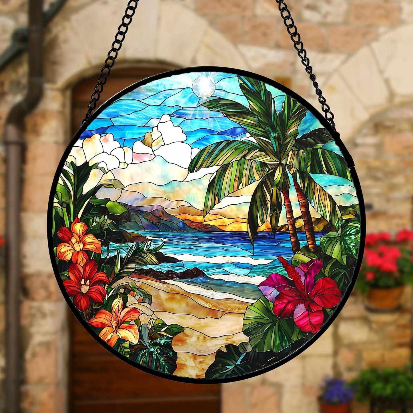 Stained Glass Window Hanging, Blue Beach Scenery Suncatcher Diamond Glass Panel Hangings Sun Catchers Decor for Birthday for Women, Men, Wife, Aunt, and Mom 11.8x11.8 in