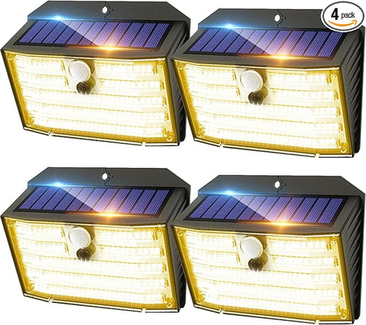 CLAONER Solar Lights Outdoor [𝟒 𝐏𝐚𝐜𝐤/126 LED], Wireless Motion Sensor Lights, IP65 Waterproof Security Lights 3 Modes, 270° Lighting Angle, Ultra-Bright Wall Lights for Deck Patio Fence Garage