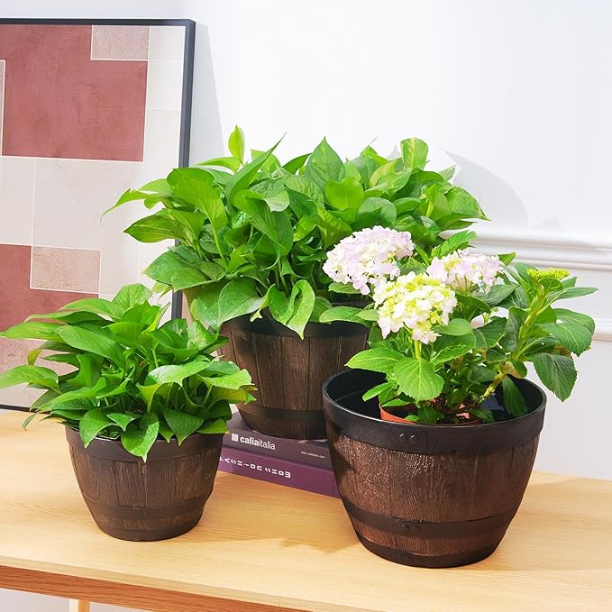 VECELO Plant Pots with Drainage Holes & Saucer, 9 Inch Flower Pots with Tray, 3 Pack Plastic Whiskey Barrel Planters for Indoor & Outdoor Garden Home Plants and Flowers