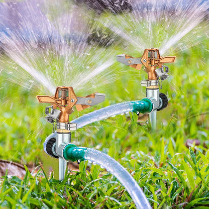4 Pieces Brass Impact Lawn Sprinklers for Yard, Heavy Duty Water Sprinkler Head with Zinc Alloy Spike Base 360 Degree Automatic Rotating Lawn Sprinkler for Yard Lawn Large Area Patio Garden