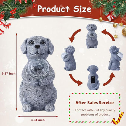 Dog Garden Statues - 8.4 Dog Decor with Gazing Ball LED Lights, Unique Gifts for Mom Grandma Birthdays, Outdoor Decor for Outside Lawn Porch Patio (Gray)