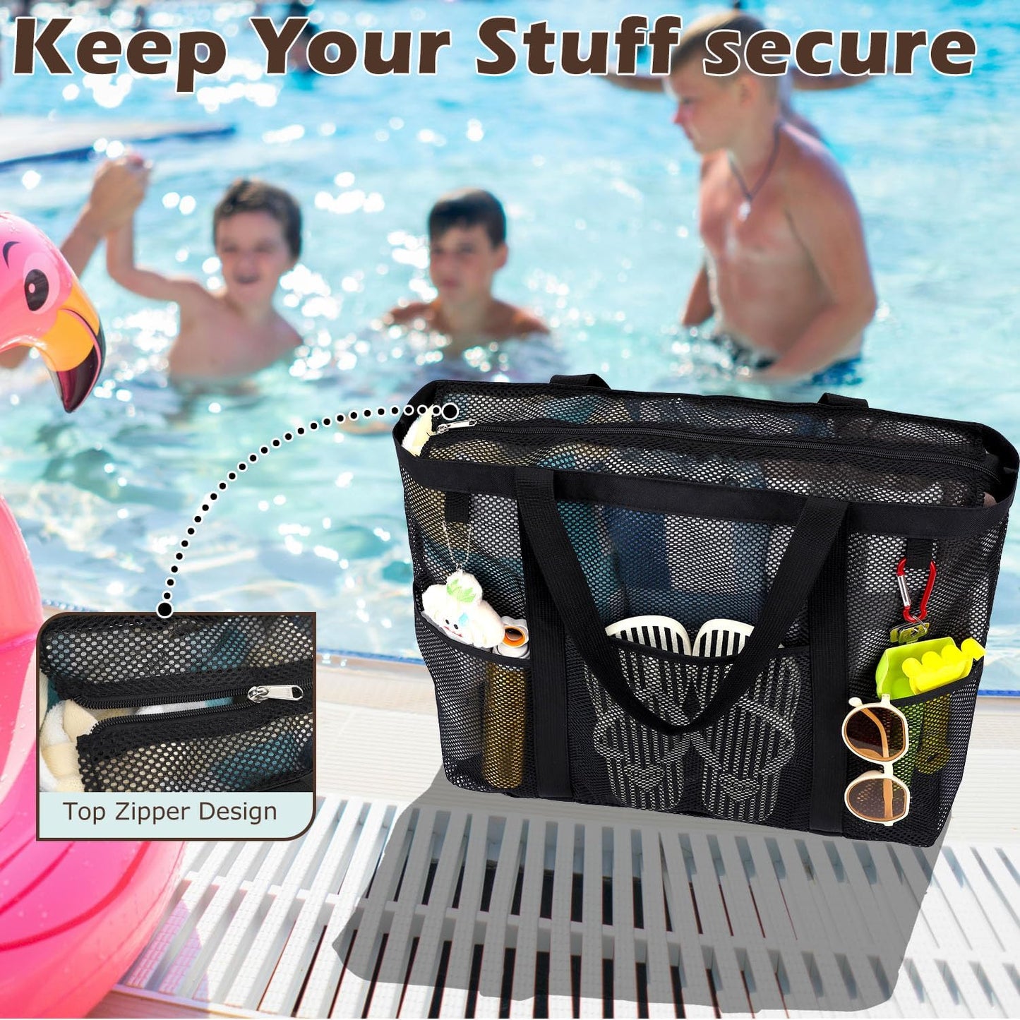 Mesh Beach Bag, Large Beach Tote with Zipper Pocket for Family Pool Bag for Toys & Vacation Essentials