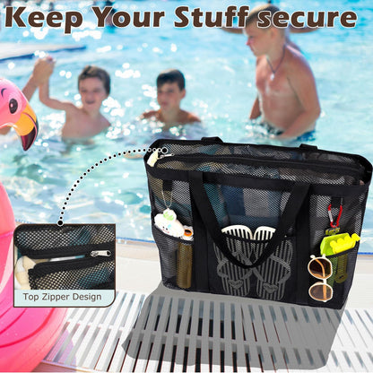 Mesh Beach Bag, Large Beach Tote with Zipper Pocket for Family Pool Bag for Toys & Vacation Essentials